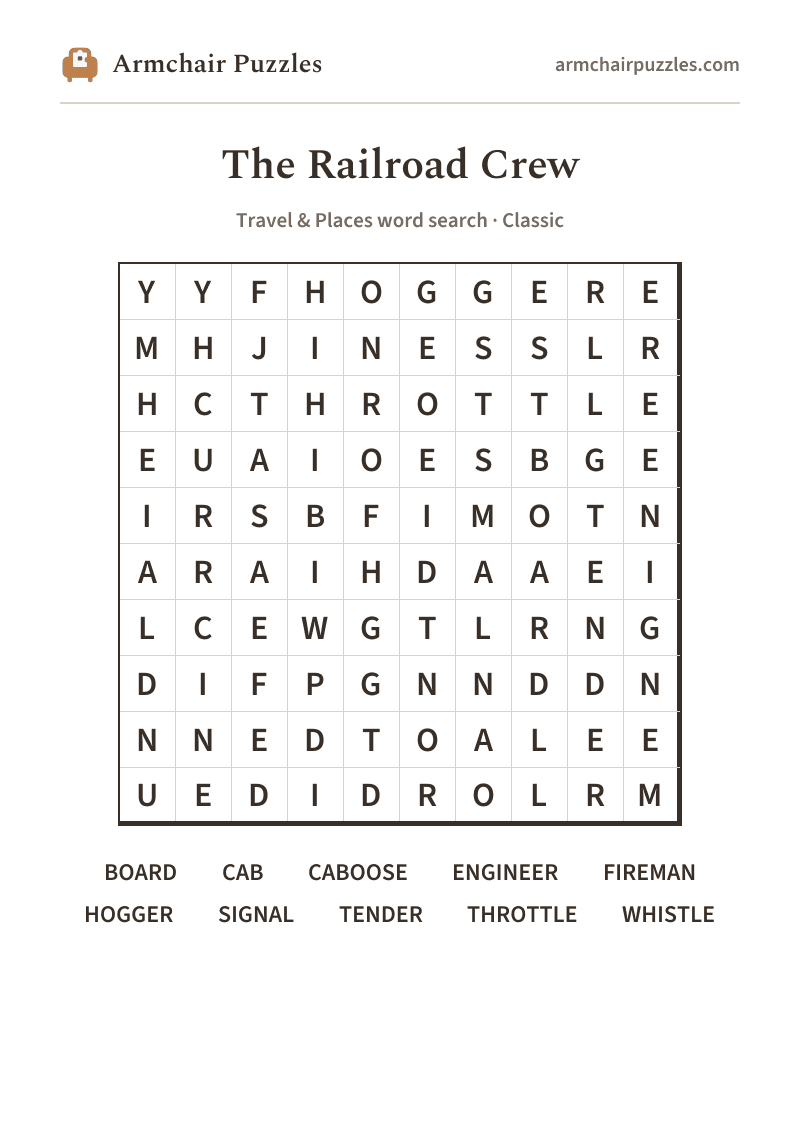 The printable The Railroad Crew word search sheet