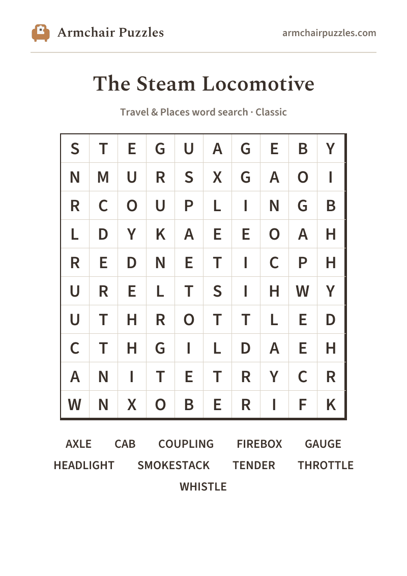The printable The Steam Locomotive word search sheet