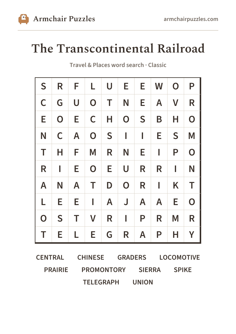 The printable The Transcontinental Railroad word search sheet