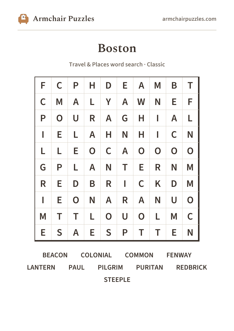 The printable Boston word search sheet