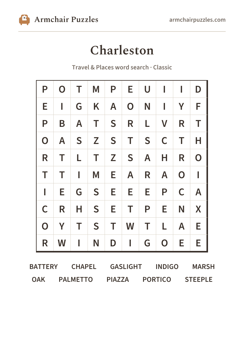 The printable Charleston word search sheet