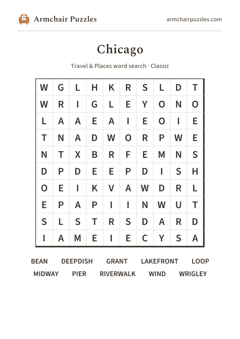 The printable Chicago word search sheet