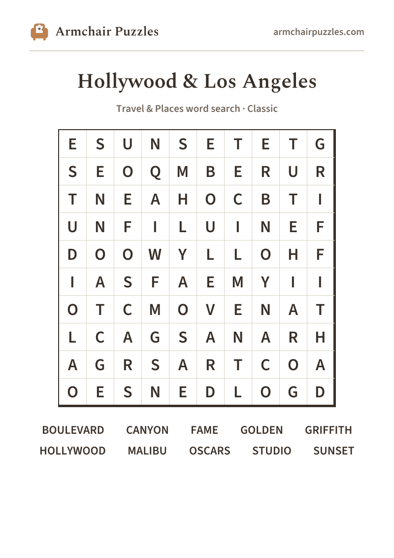 The printable Hollywood & Los Angeles word search sheet