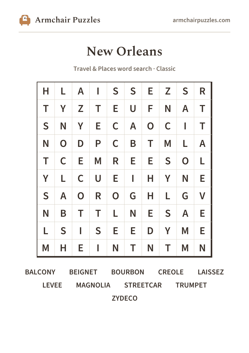 The printable New Orleans word search sheet