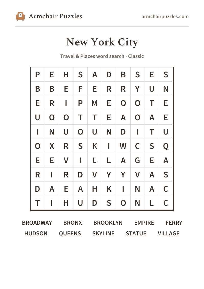 The printable New York City word search sheet