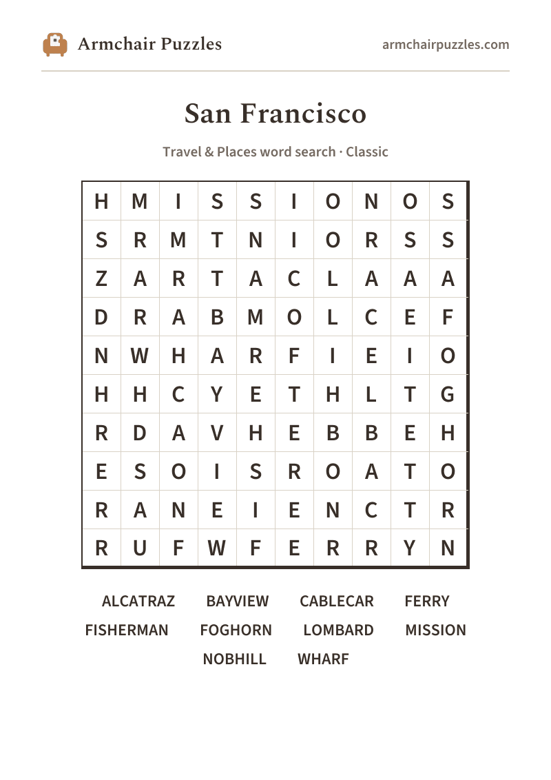 The printable San Francisco word search sheet