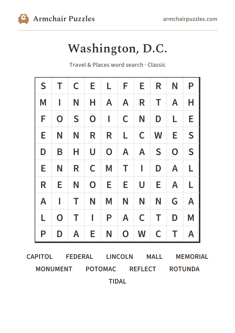 The printable Washington, D.C. word search sheet