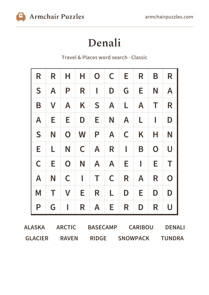 The printable Denali word search sheet