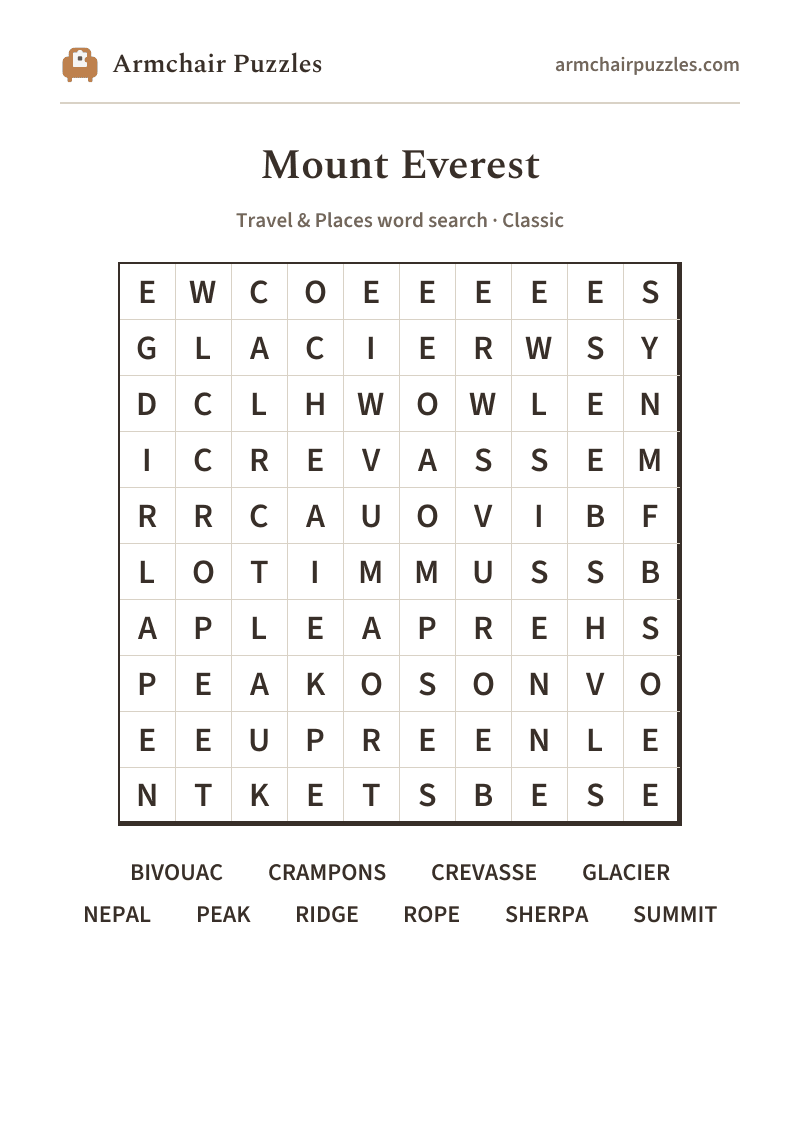 The printable Mount Everest word search sheet