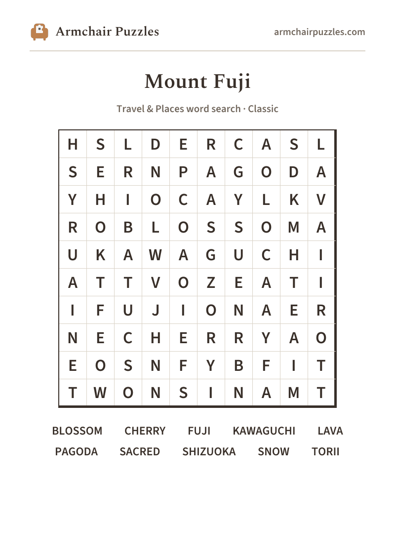 The printable Mount Fuji word search sheet