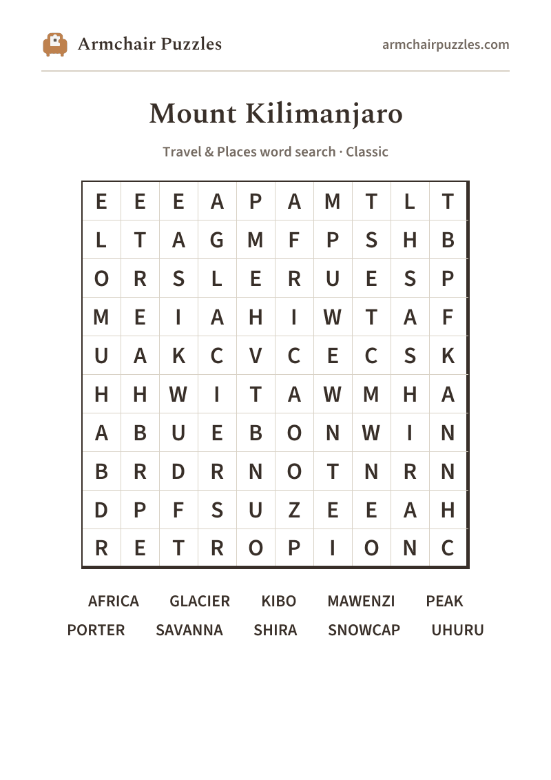 The printable Mount Kilimanjaro word search sheet