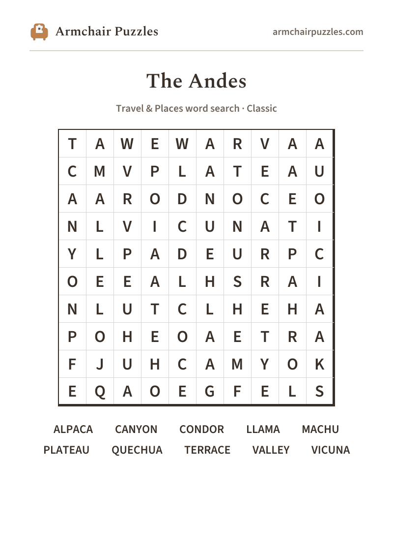 The printable The Andes word search sheet