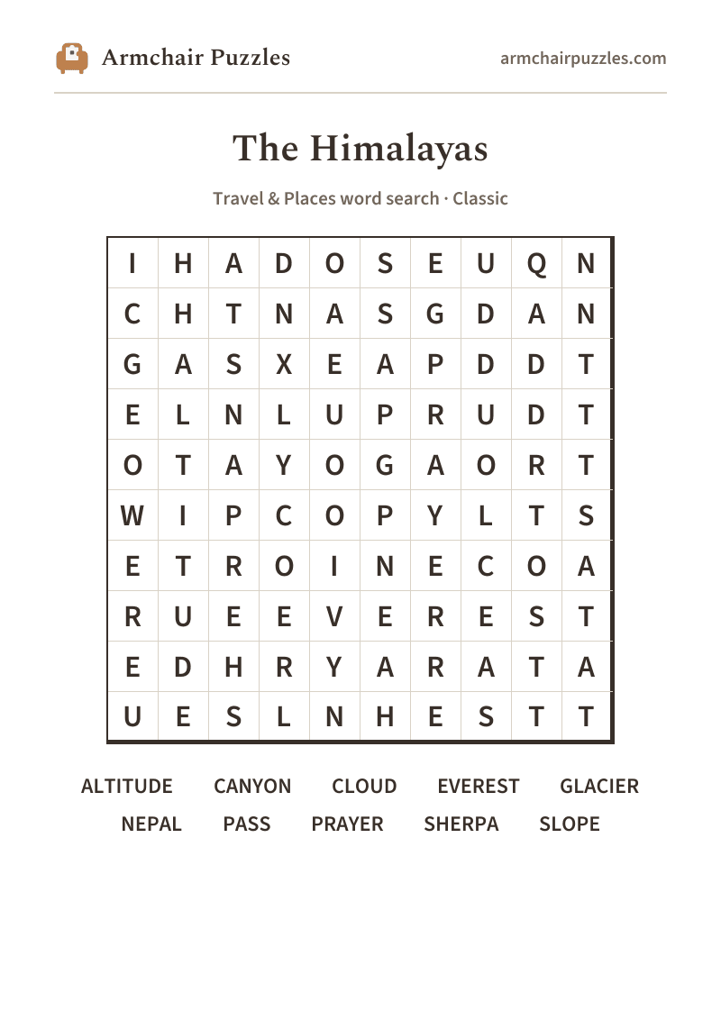 The printable The Himalayas word search sheet