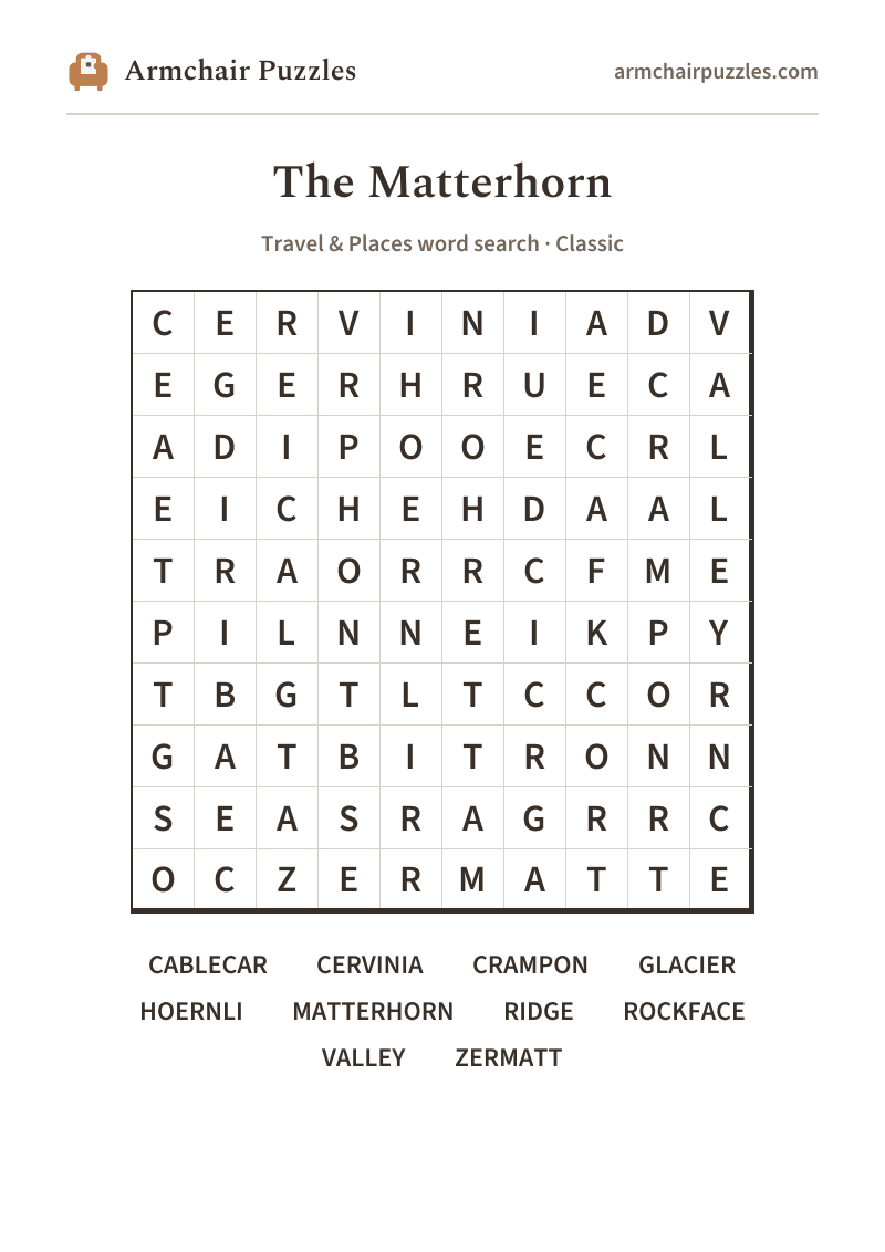 The printable The Matterhorn word search sheet