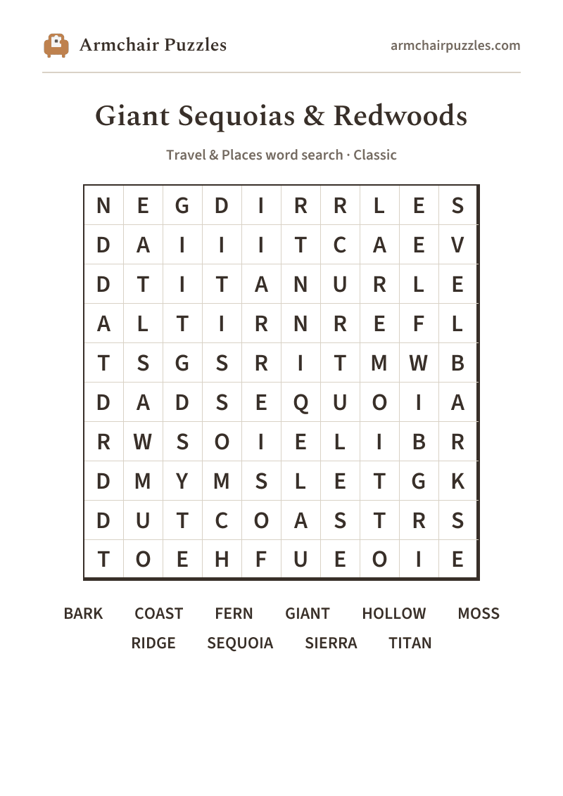The printable Giant Sequoias & Redwoods word search sheet