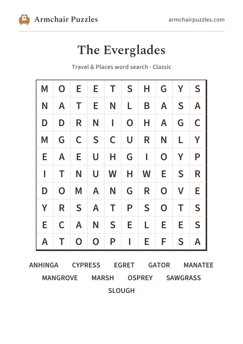 The printable The Everglades word search sheet in large print