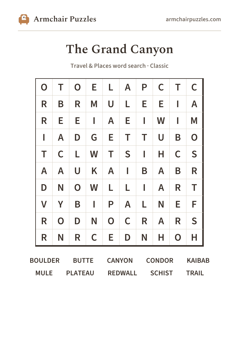 The printable The Grand Canyon word search sheet: large-print Classic grid with its word list
