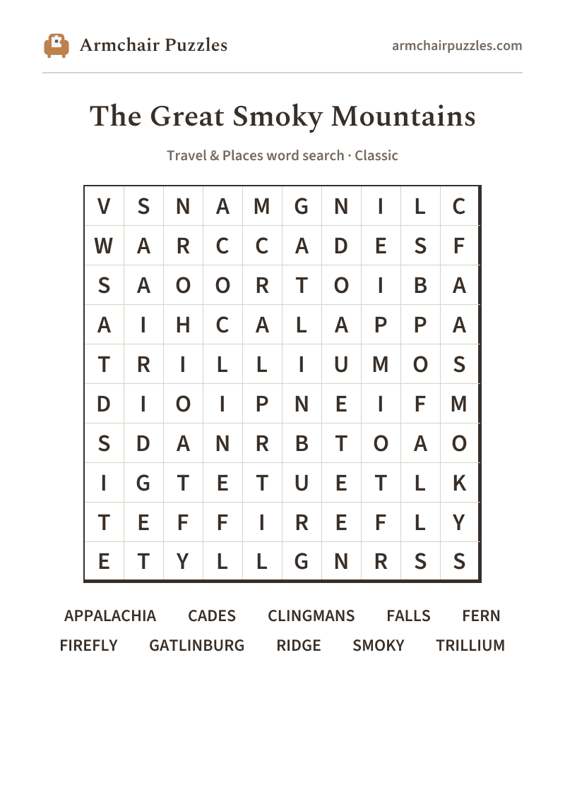 The printable The Great Smoky Mountains word search sheet