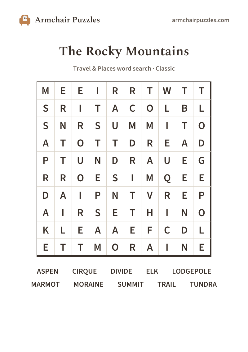 The printable The Rocky Mountains word search sheet