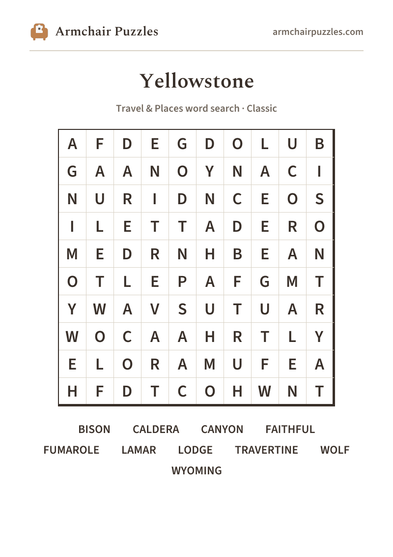 The printable Yellowstone word search sheet: large-print Classic grid with its word list