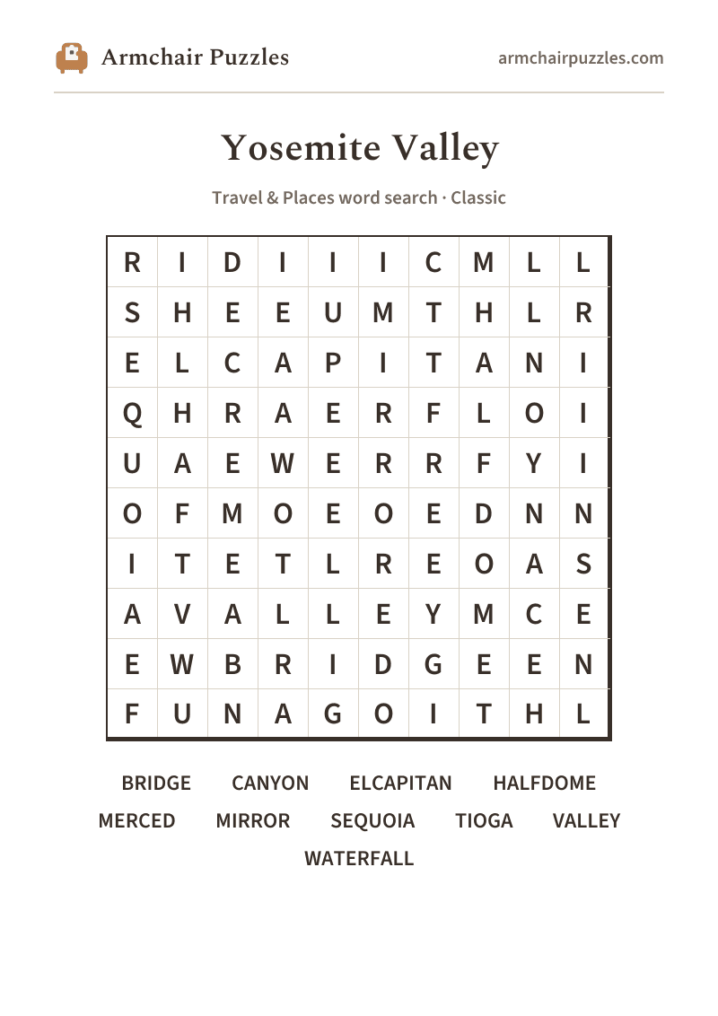 The printable Yosemite Valley word search sheet
