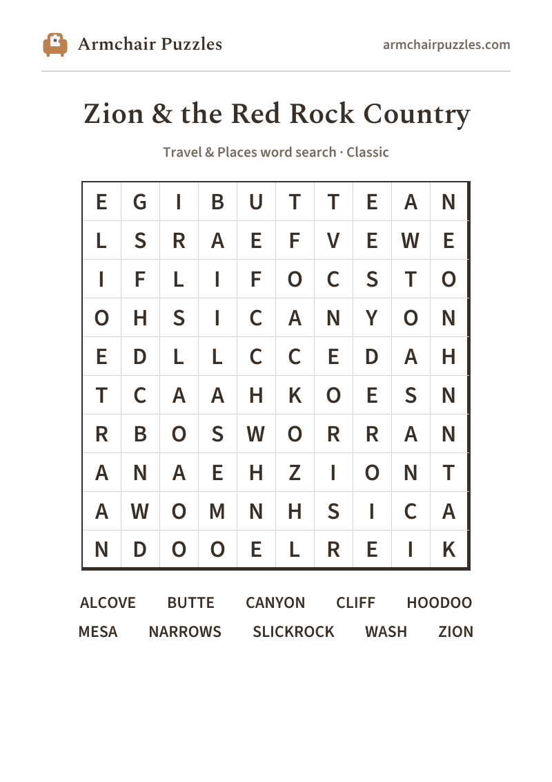 The printable Zion & the Red Rock Country word search sheet