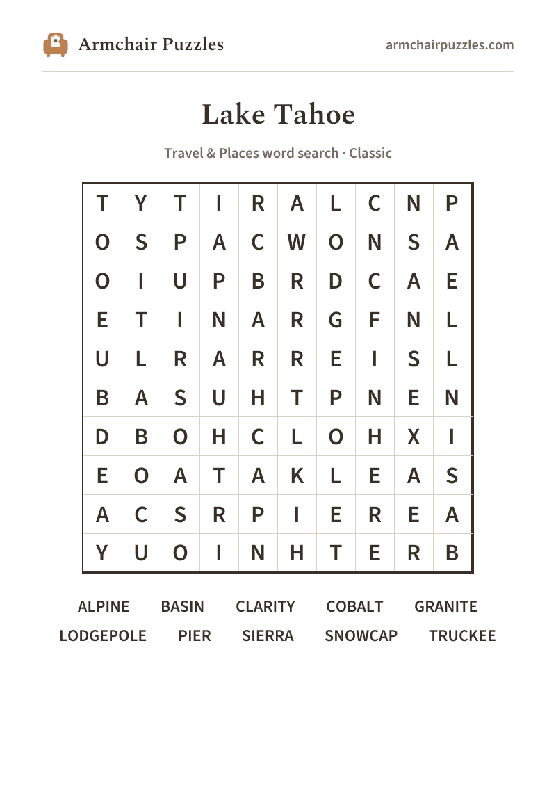 The printable Lake Tahoe word search sheet in large print