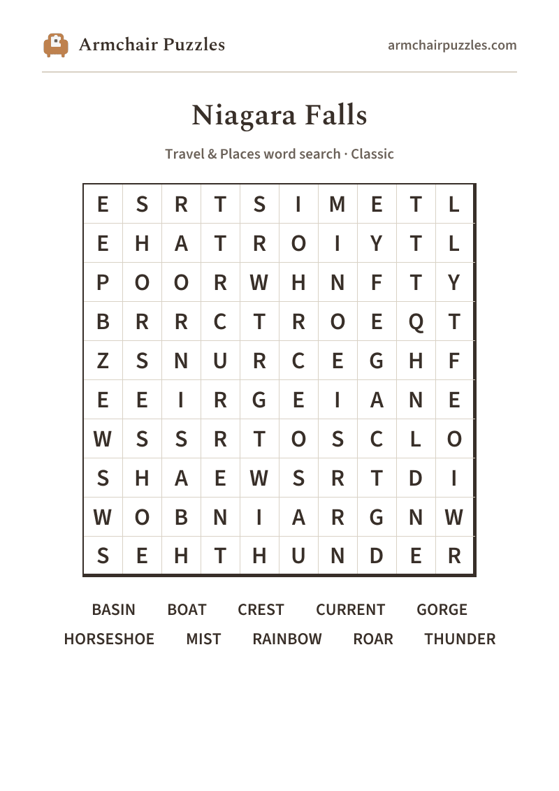 The printable Niagara Falls word search sheet: large-print Classic grid with its word list