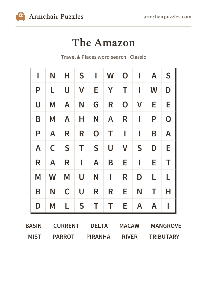 The printable The Amazon word search sheet: large-print Classic grid with its word list
