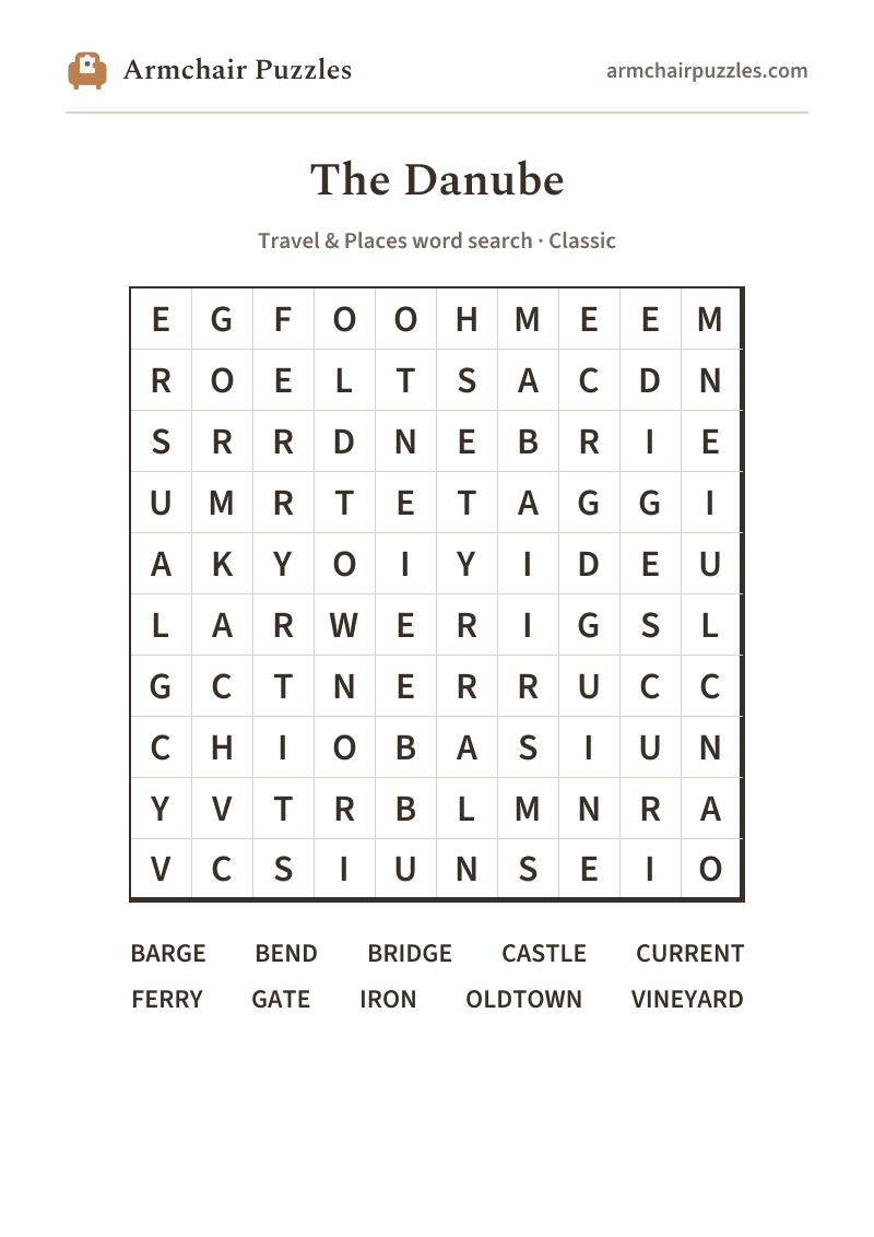 The printable The Danube word search sheet: large-print Classic grid with its word list