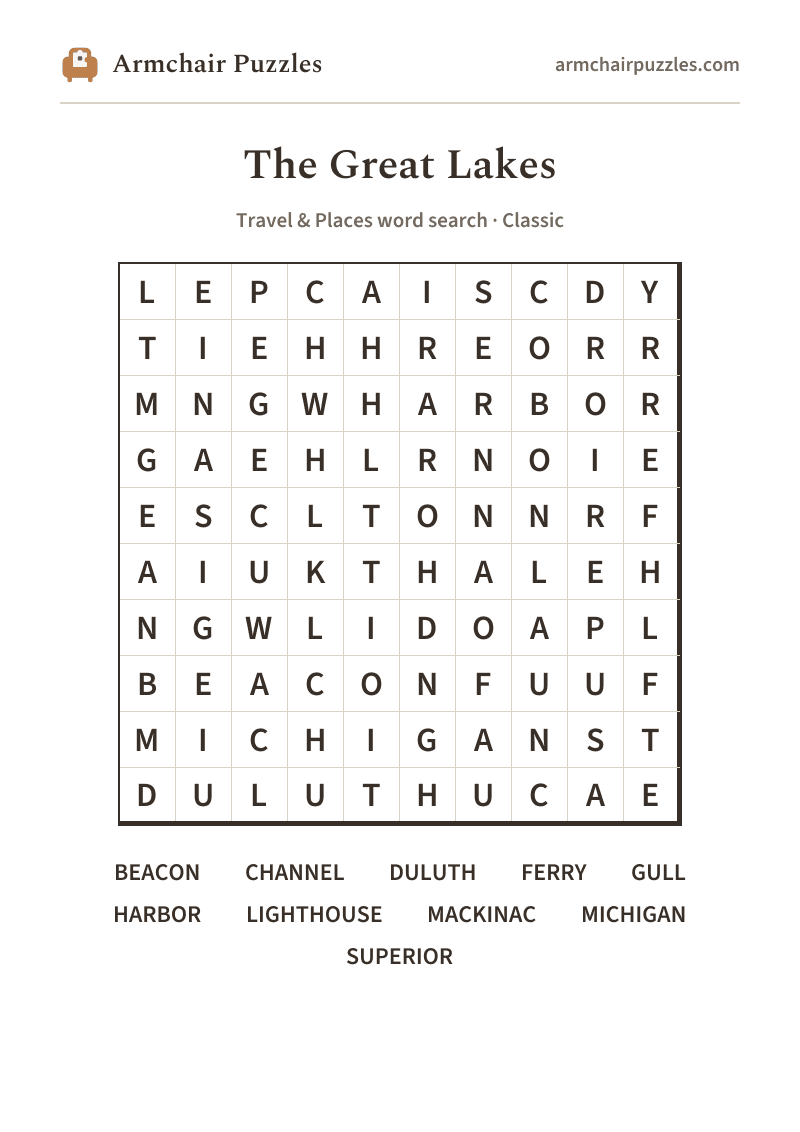 The printable The Great Lakes word search sheet: large-print Classic grid with its word list