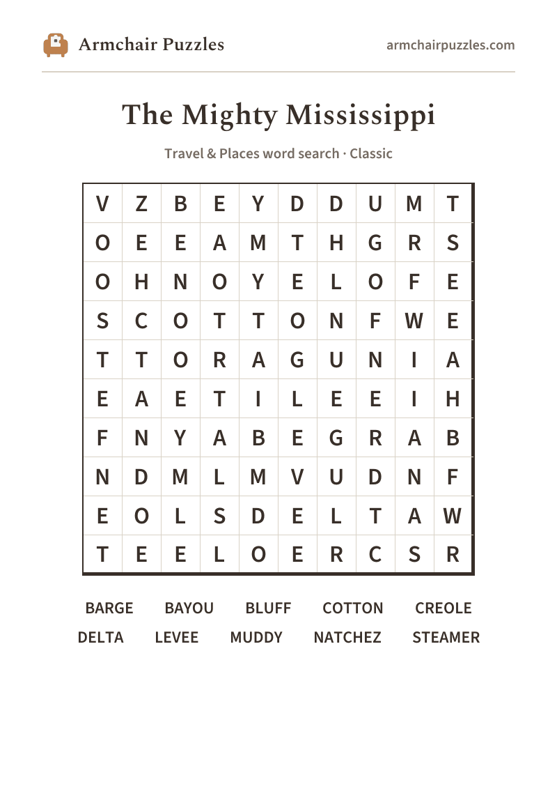 The printable The Mighty Mississippi word search sheet