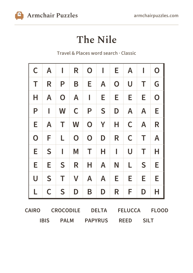 The printable The Nile word search sheet: large-print Classic grid with its word list