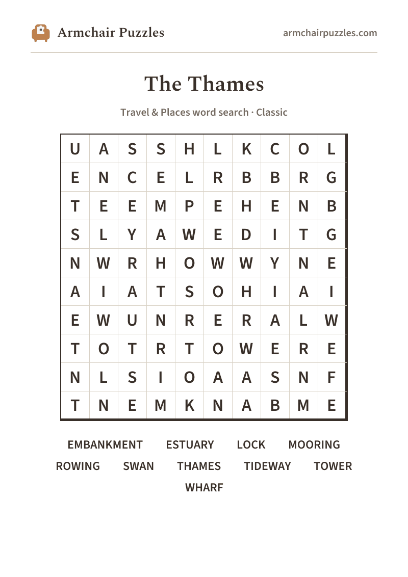 The printable The Thames word search sheet in large print