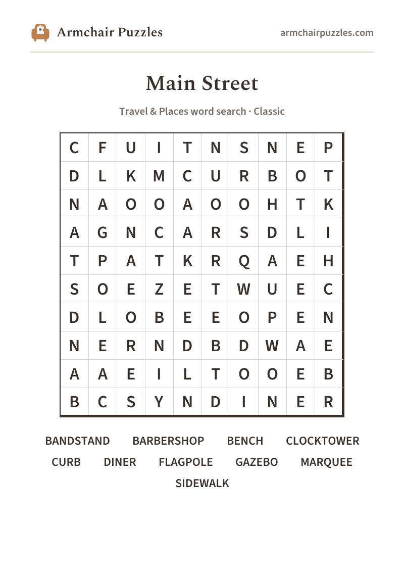 The printable Main Street word search sheet