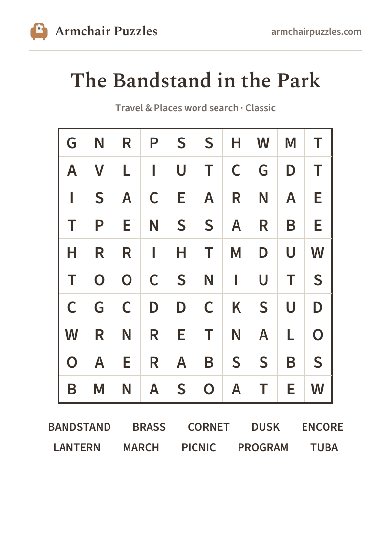 The printable The Bandstand in the Park word search sheet