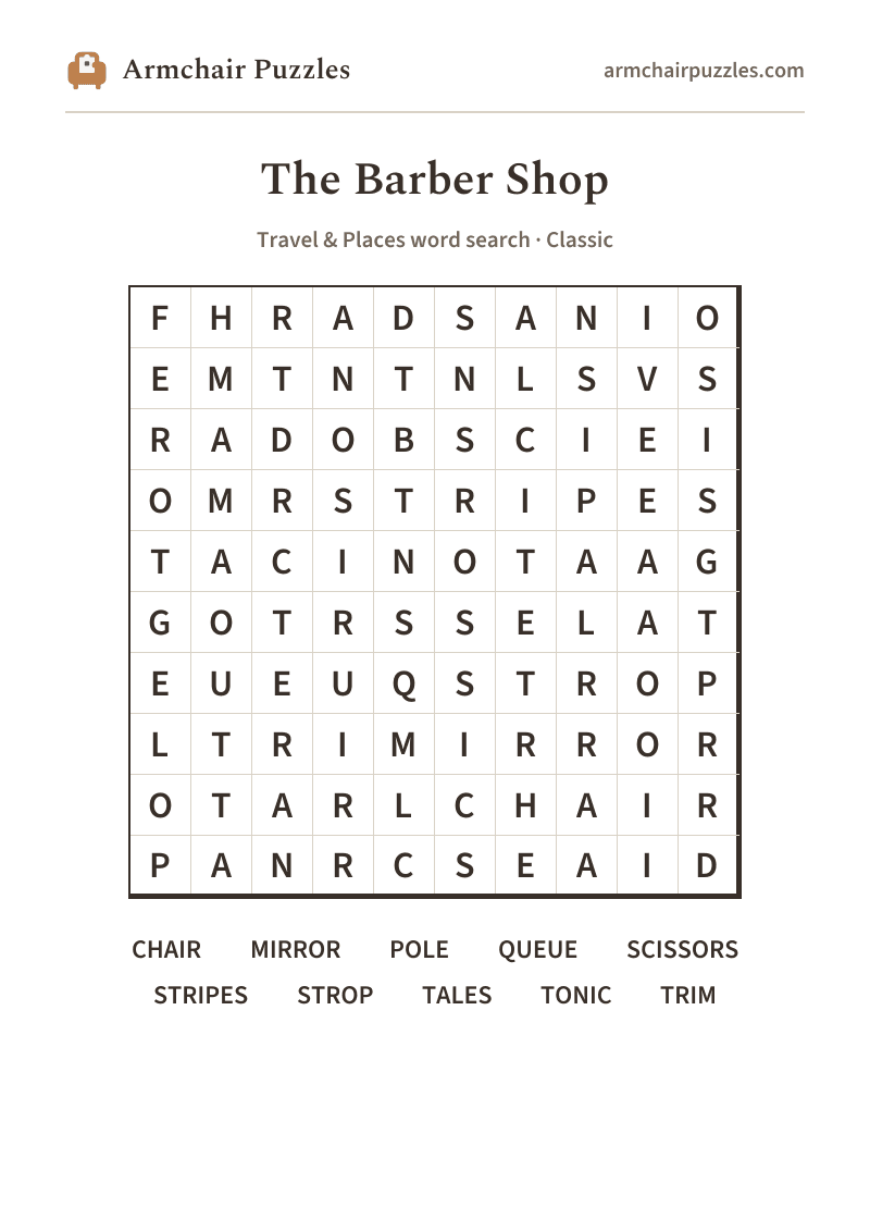 The printable The Barber Shop word search sheet