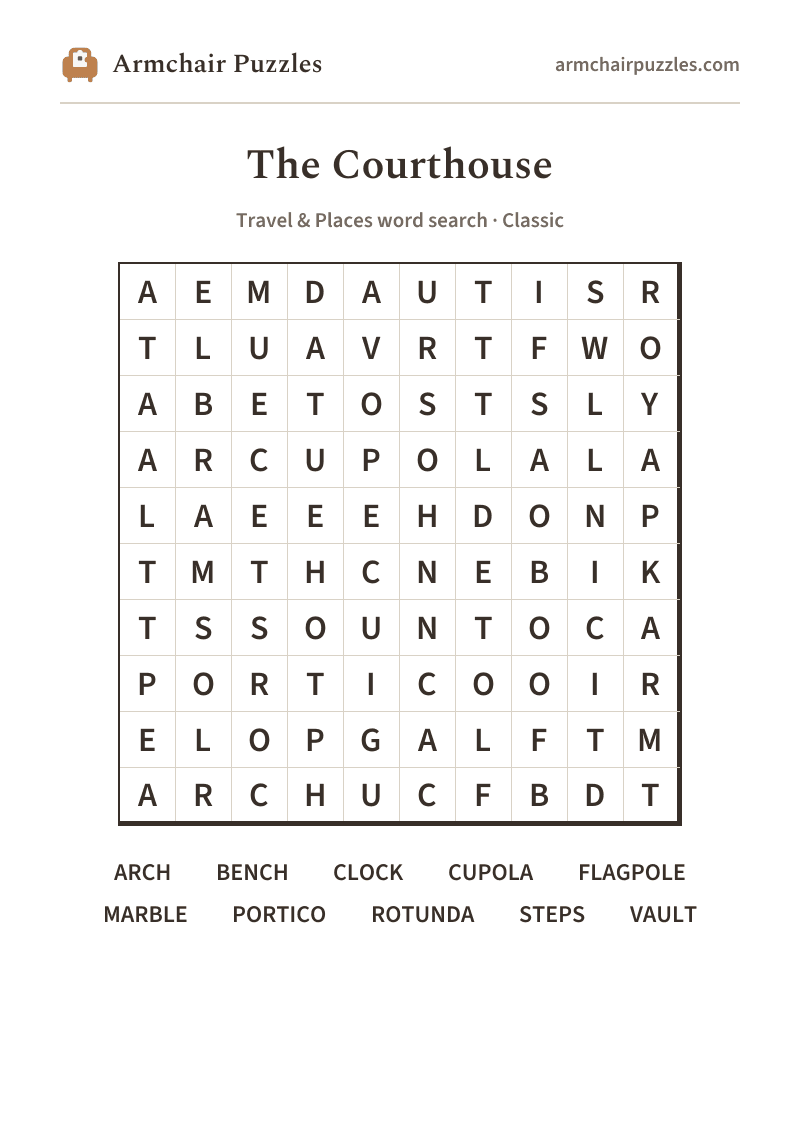 The printable The Courthouse word search sheet