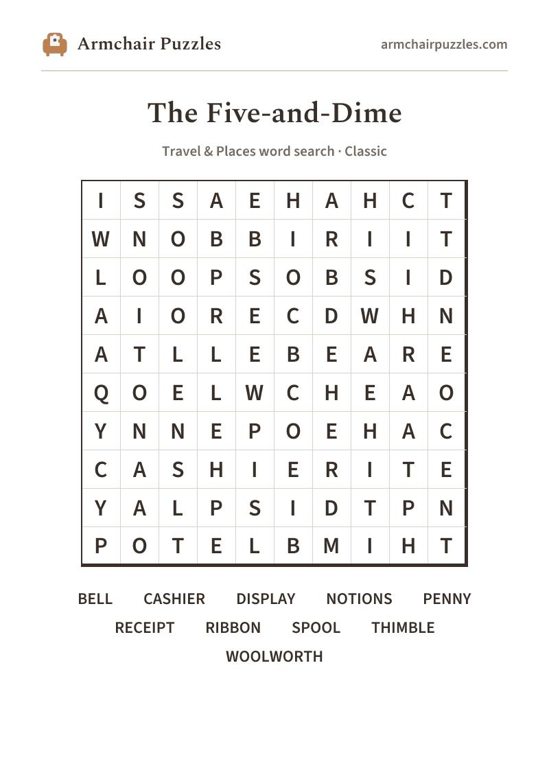 The printable The Five-and-Dime word search sheet