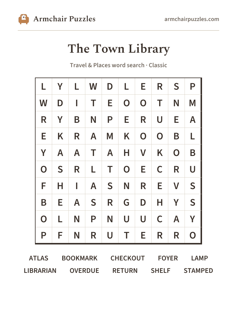 The printable The Town Library word search sheet
