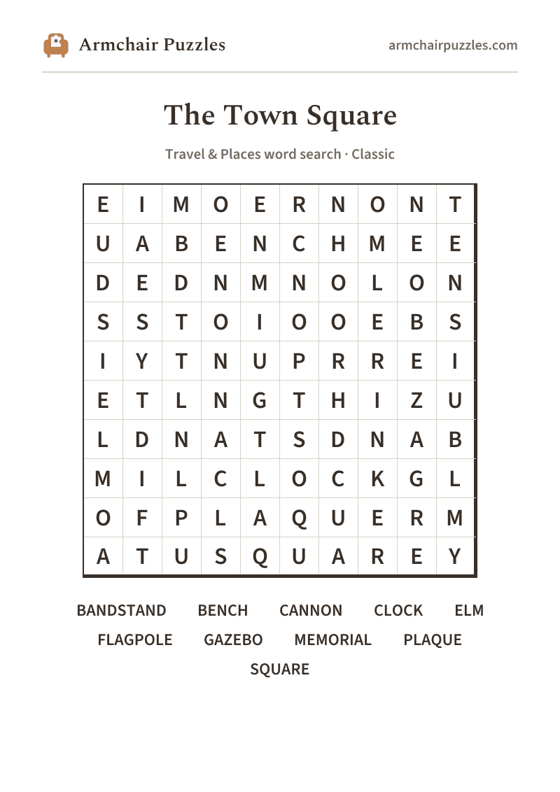 The printable The Town Square word search sheet