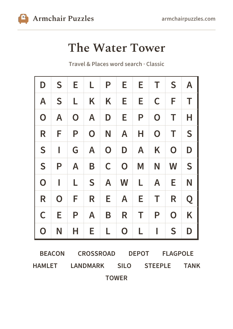 The printable The Water Tower word search sheet