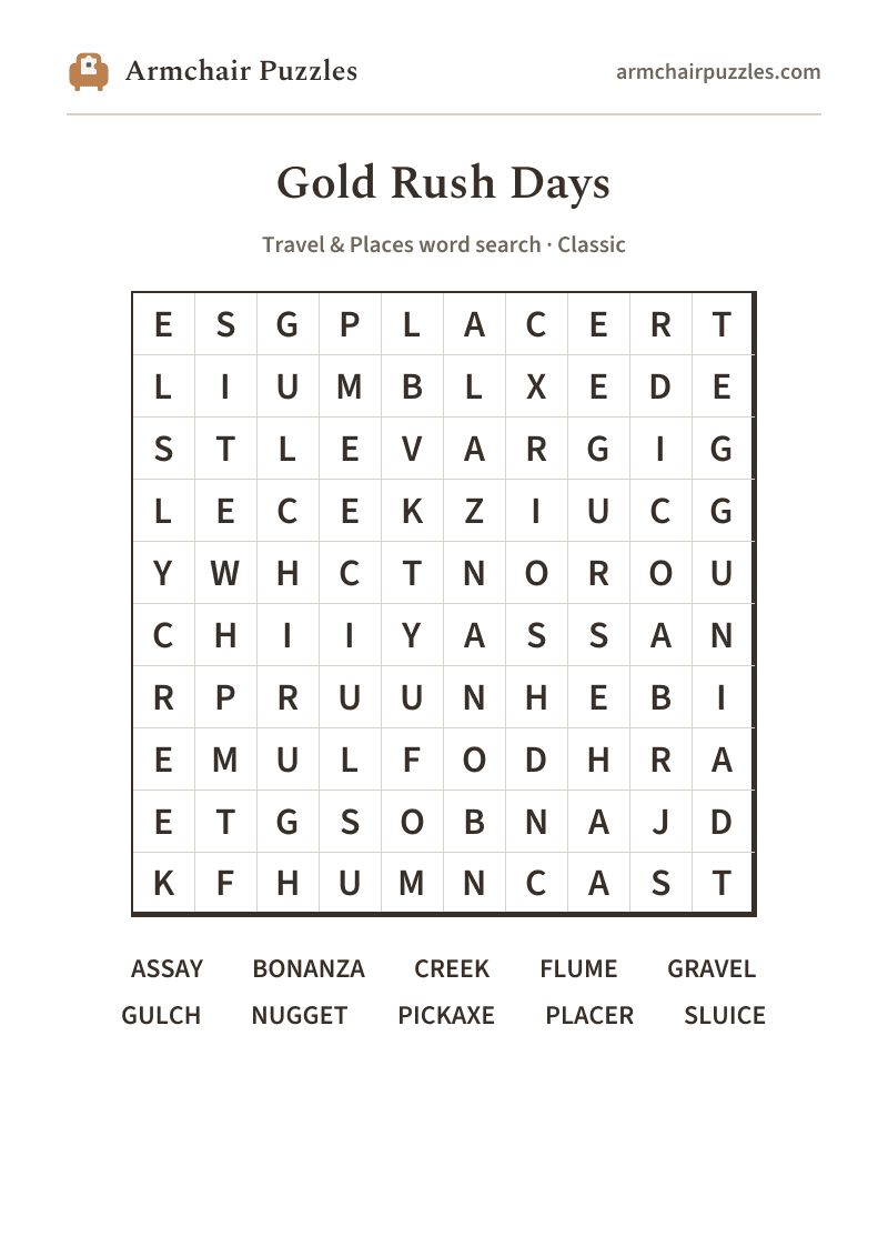 The printable Gold Rush Days word search sheet