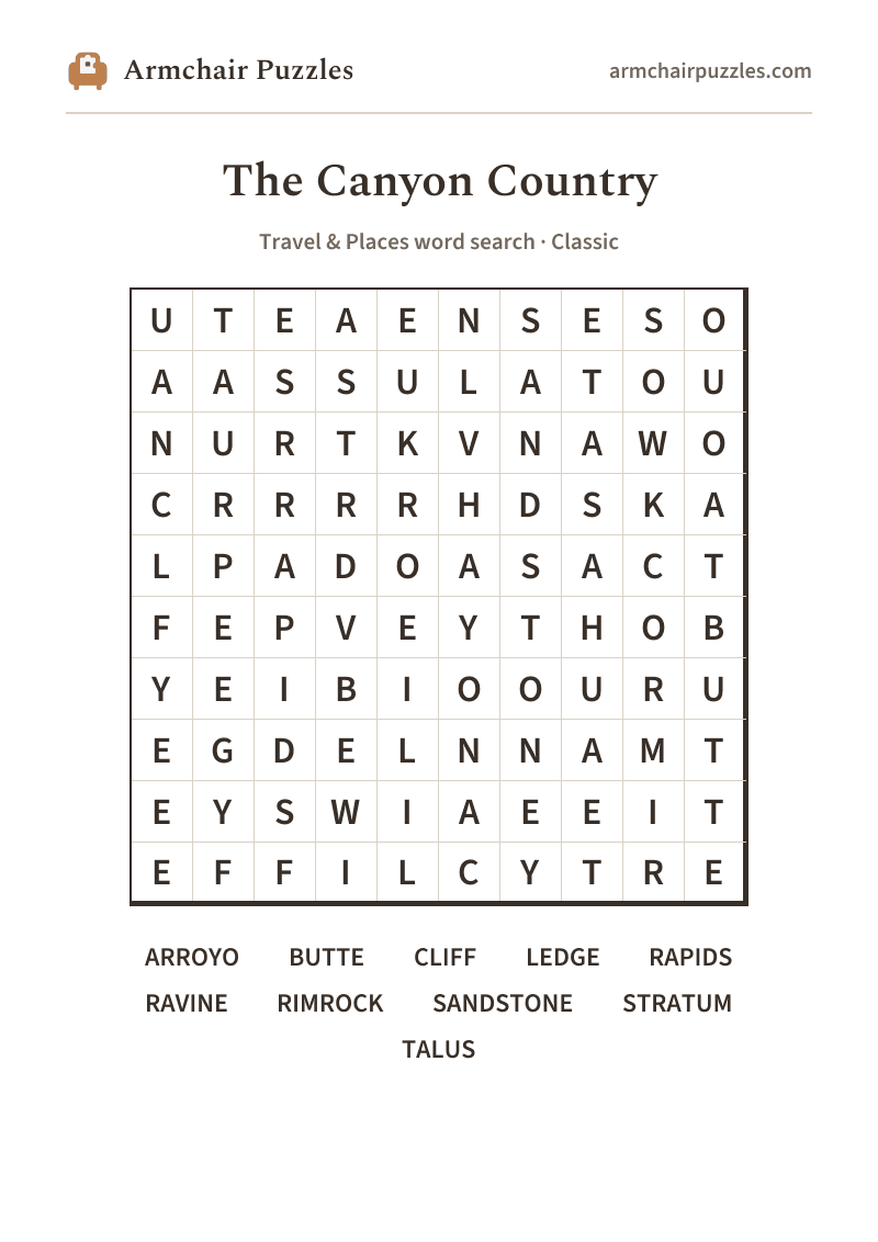 The printable The Canyon Country word search sheet: large-print Classic grid with its word list