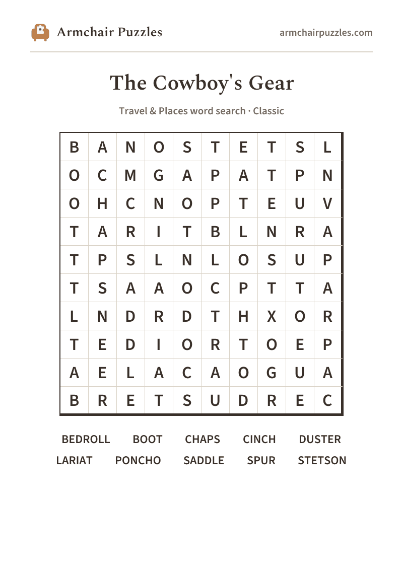 The printable The Cowboy's Gear word search sheet in large print