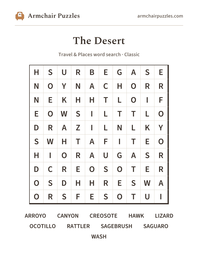 The printable The Desert word search sheet in large print