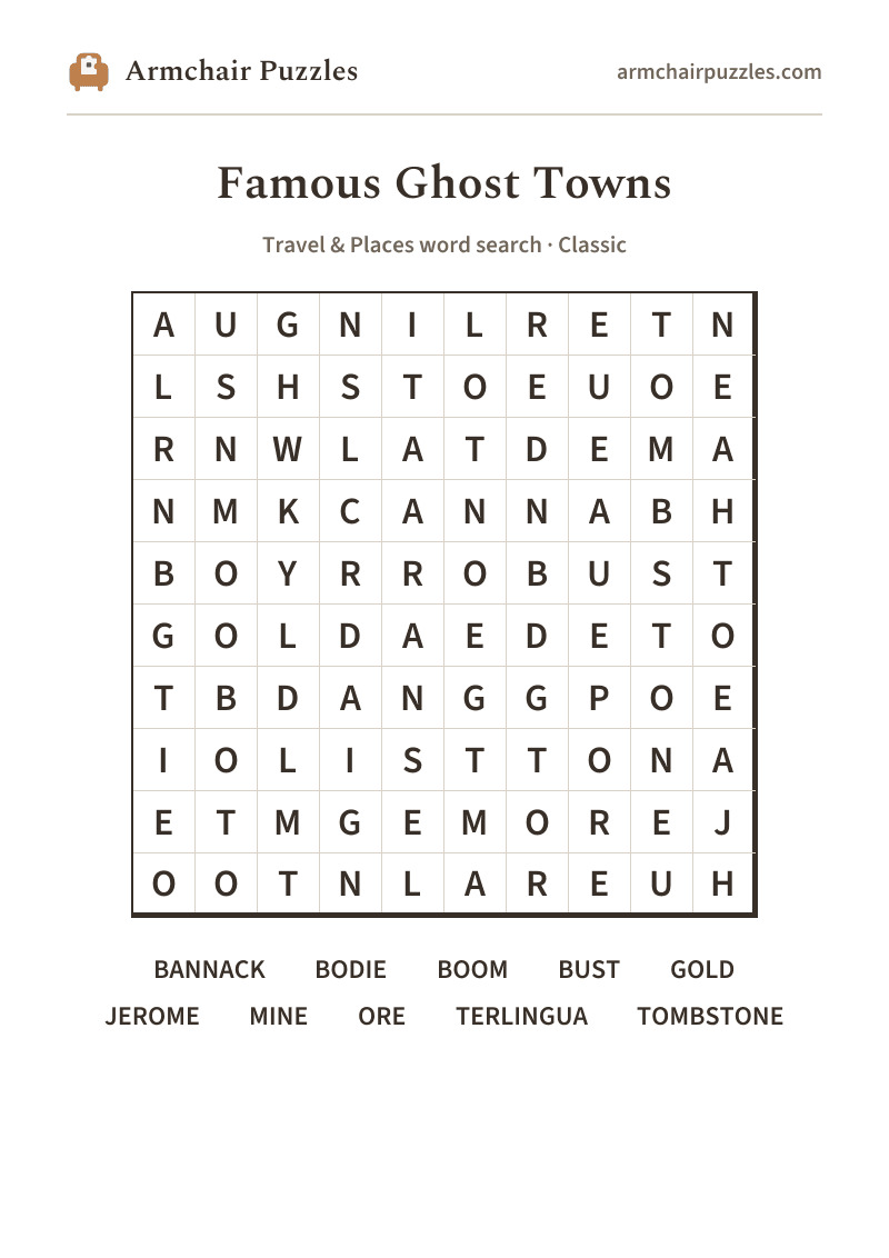 The printable The Ghost Town word search sheet in large print