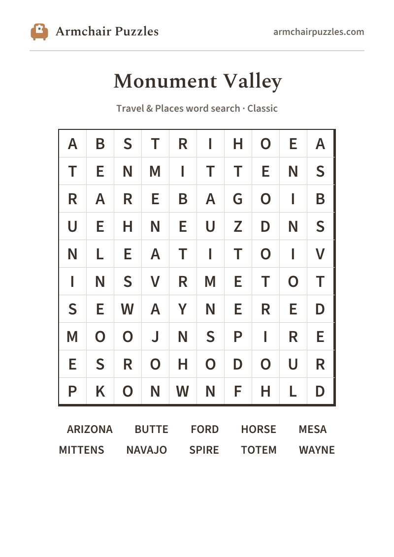 The printable Monument Valley word search sheet