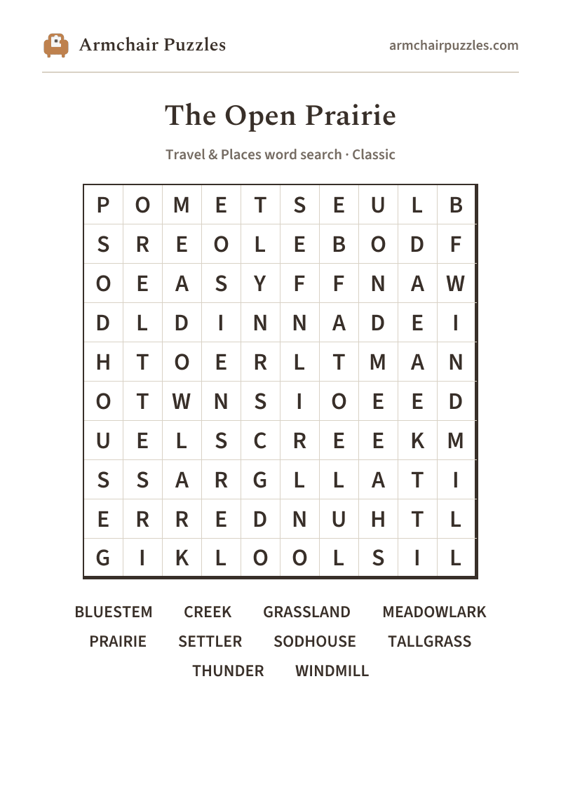 The printable The Open Prairie word search sheet in large print