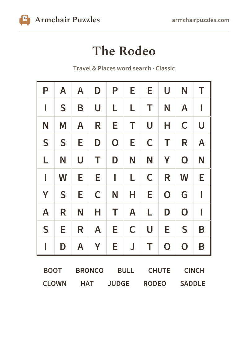 The printable The Rodeo word search sheet in large print
